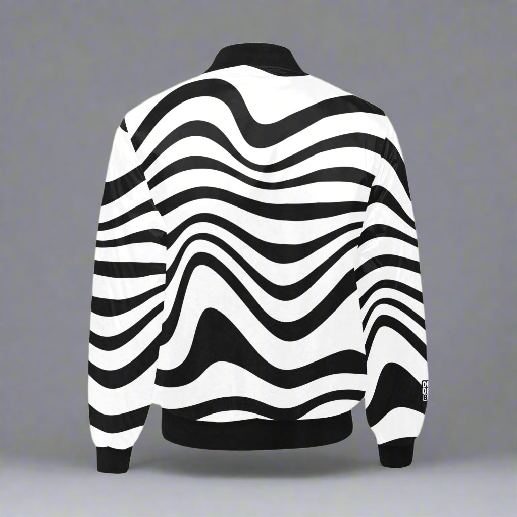 Black & White Bold Wavy All Over Print Bomber Jacket for Men