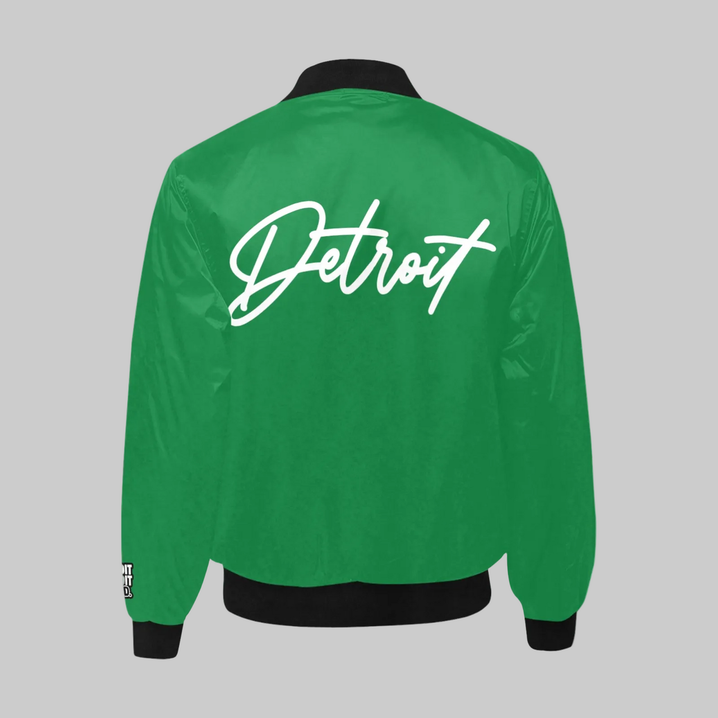 Green jacket with 'Detroit' text on the back against a white background