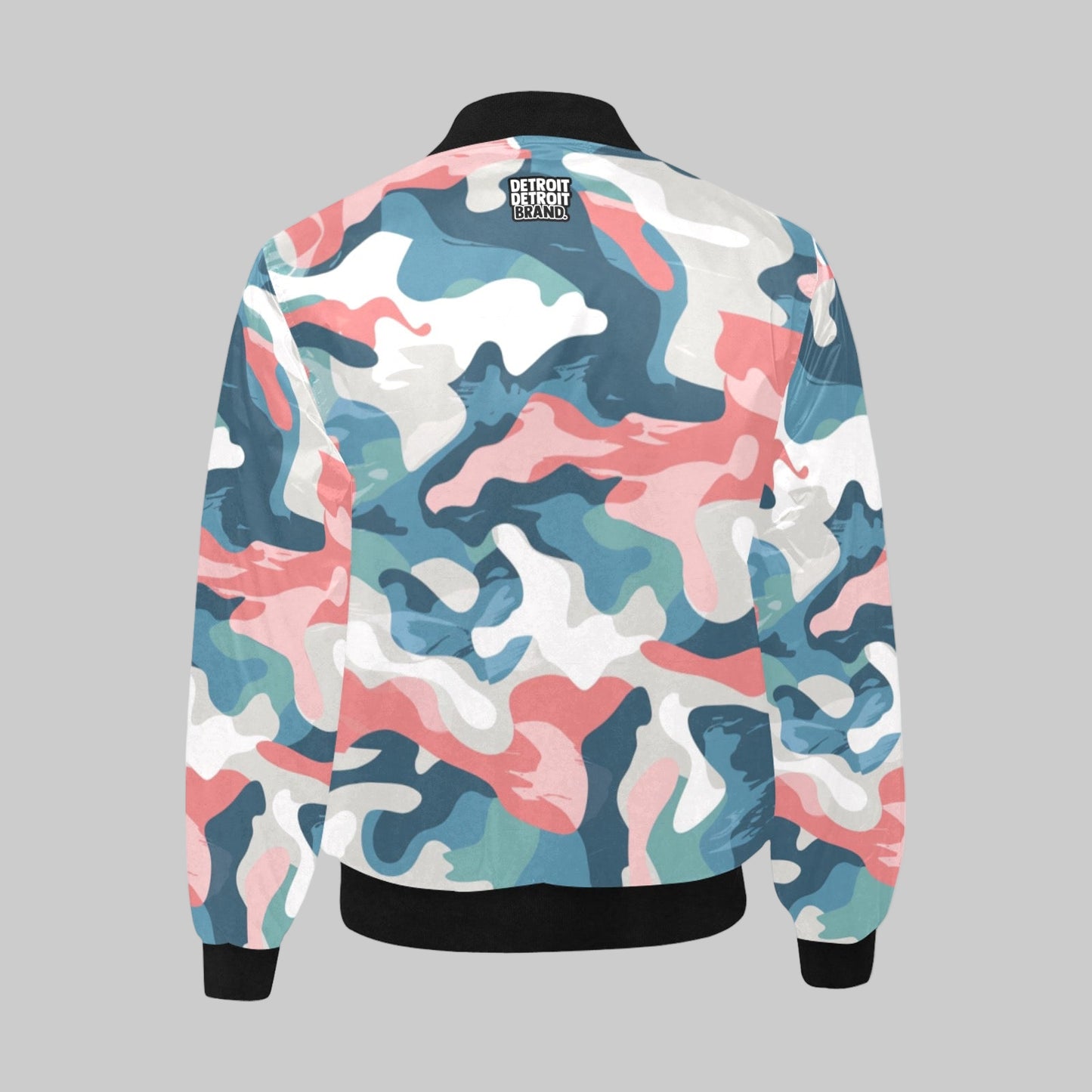 Multicolored camouflage jacket with a visible brand logo on a white background