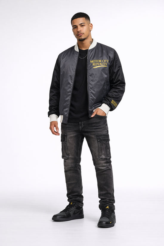 Motor City Royalty Bomber Jacket – Detroit Streetwear Varsity Jacket in Black & Gold