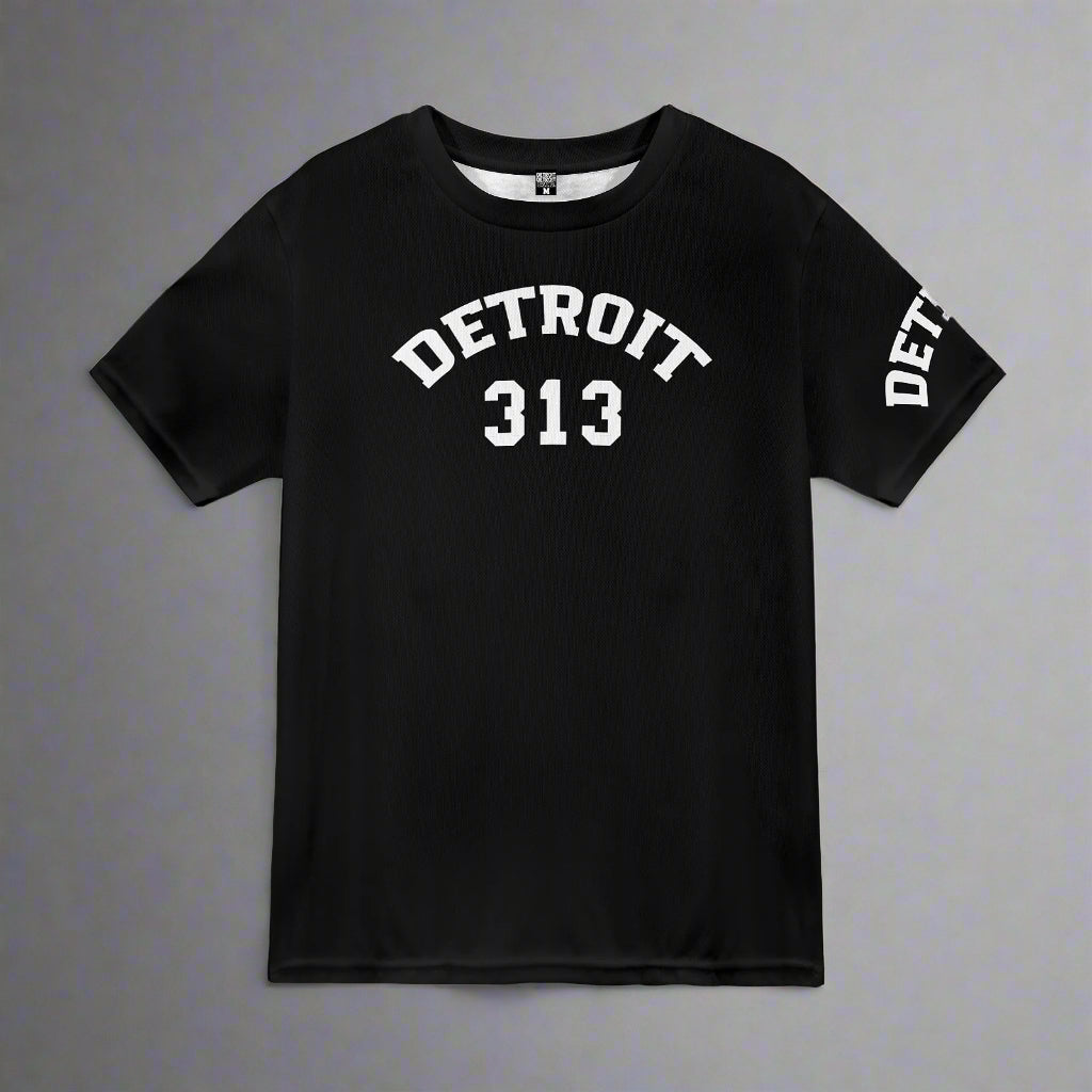 Black t-shirt with 'Detroit 313' printed on a white background