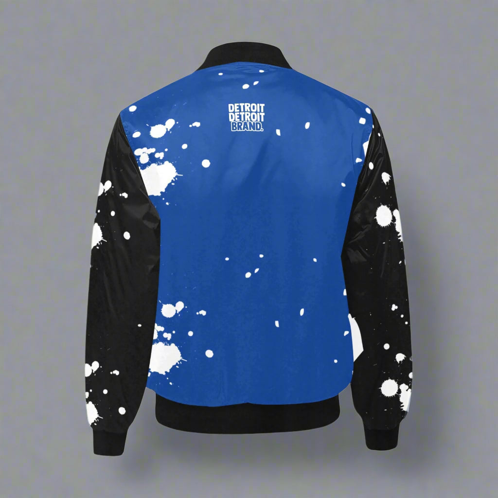 Detroit Blue Paint Splatter Bomber Jacket – Black & White Sleeve Edition
