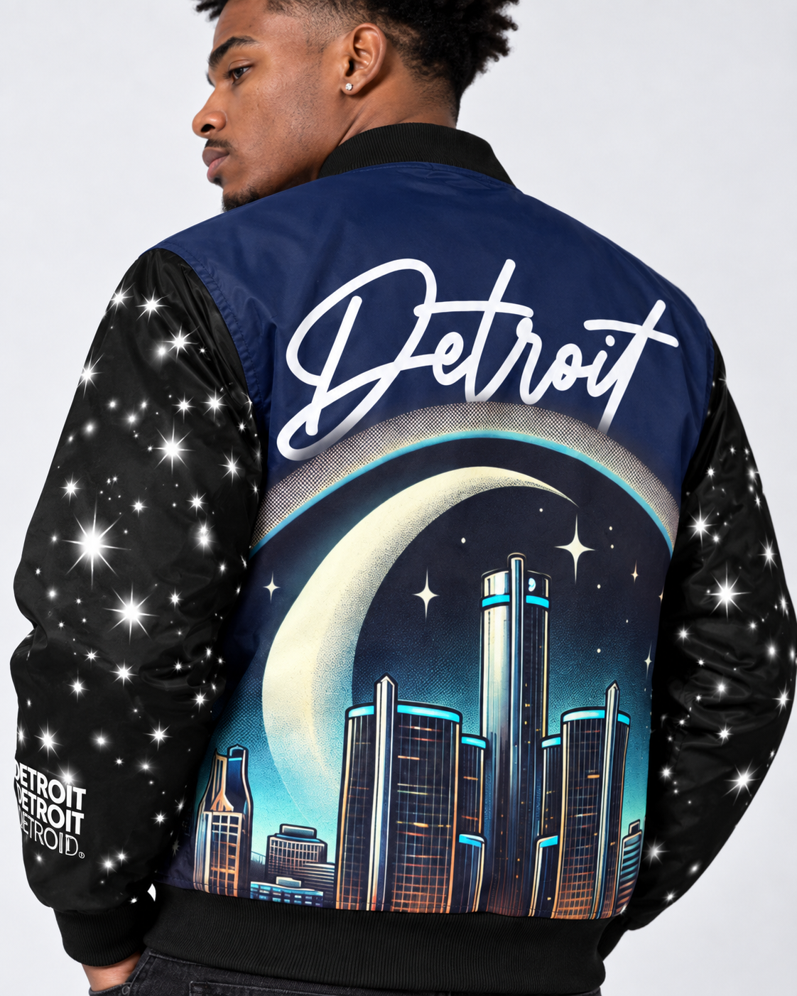 Close-up of the Detroit script and skyline back graphic on the Detroit Skyline bomber jacket