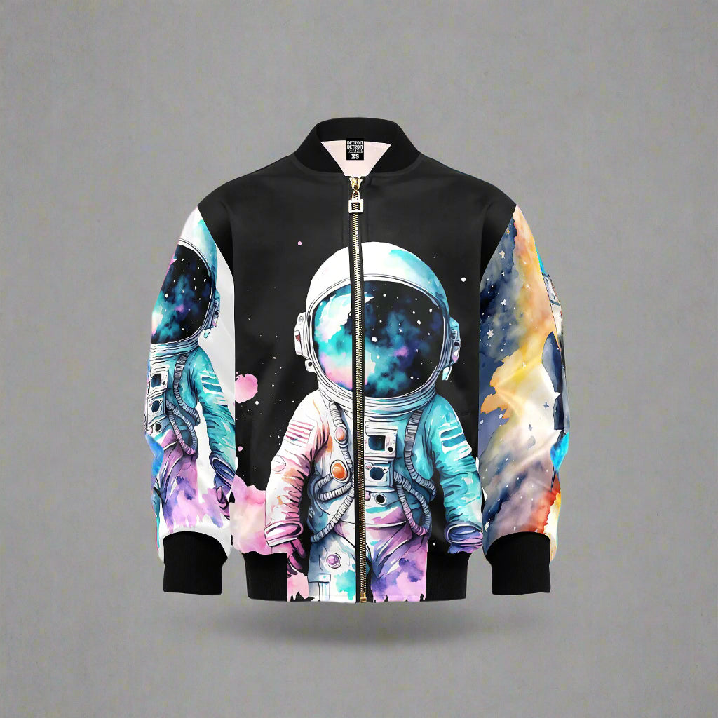 Colorful astronaut-themed bomber jacket on a white background