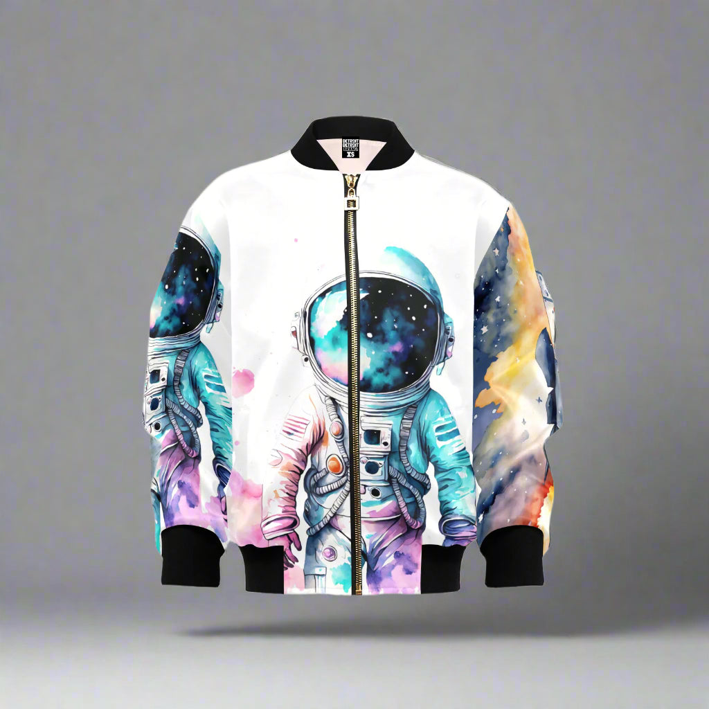 Colorful astronaut-themed jacket on a white background