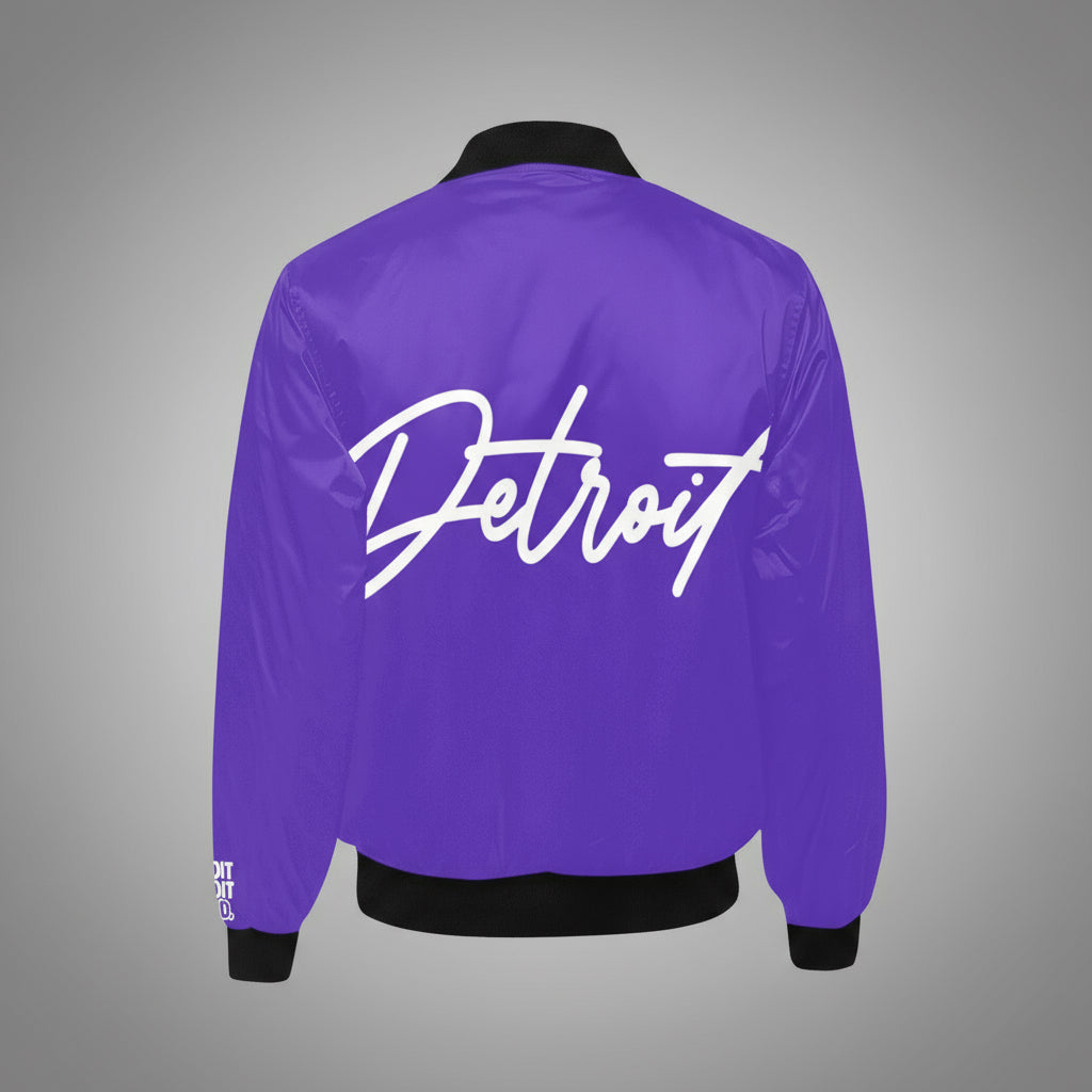 Purple jacket with 'Detroit' written on the back against a white background
