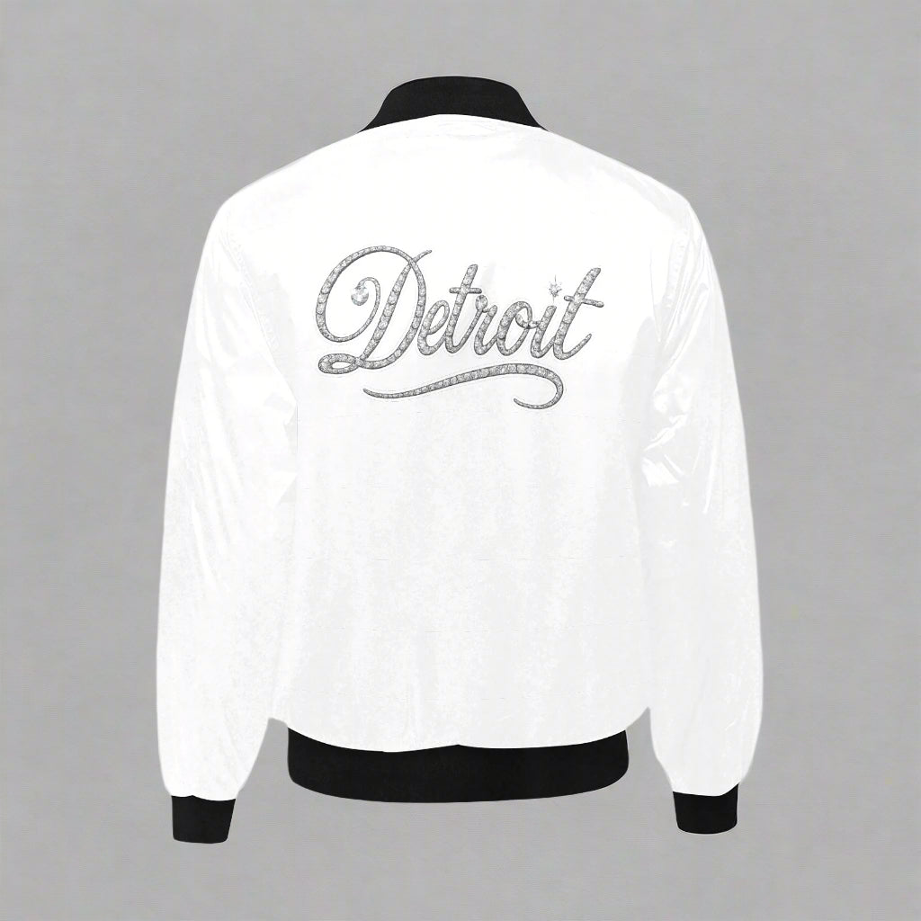 White bomber jacket with 'Detroit' text on the back against a white background
