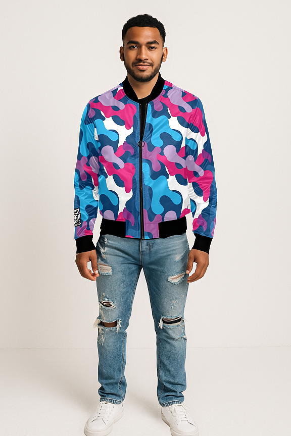 Multicolor All Over Print Mens Camo Bomber Jacket