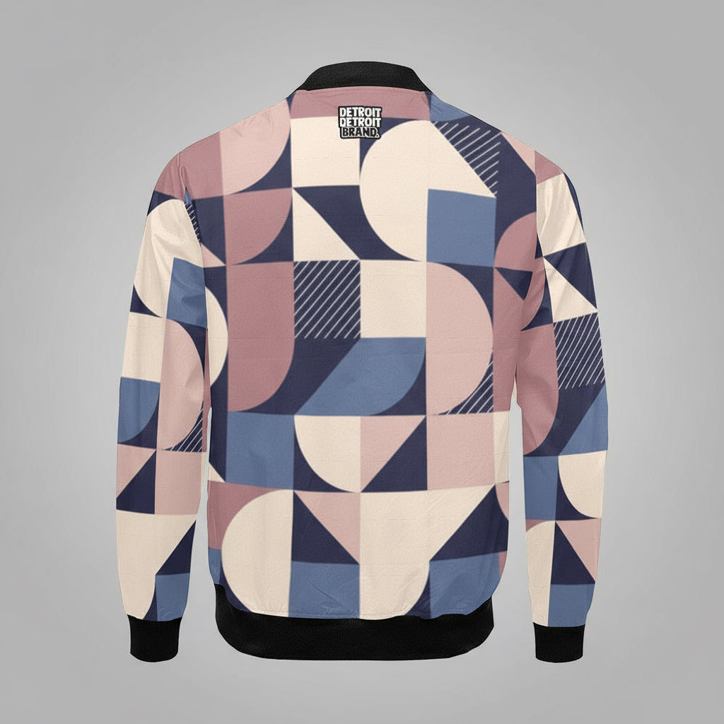 Geometric patterned jacket with 'Detroit' branding on a white background