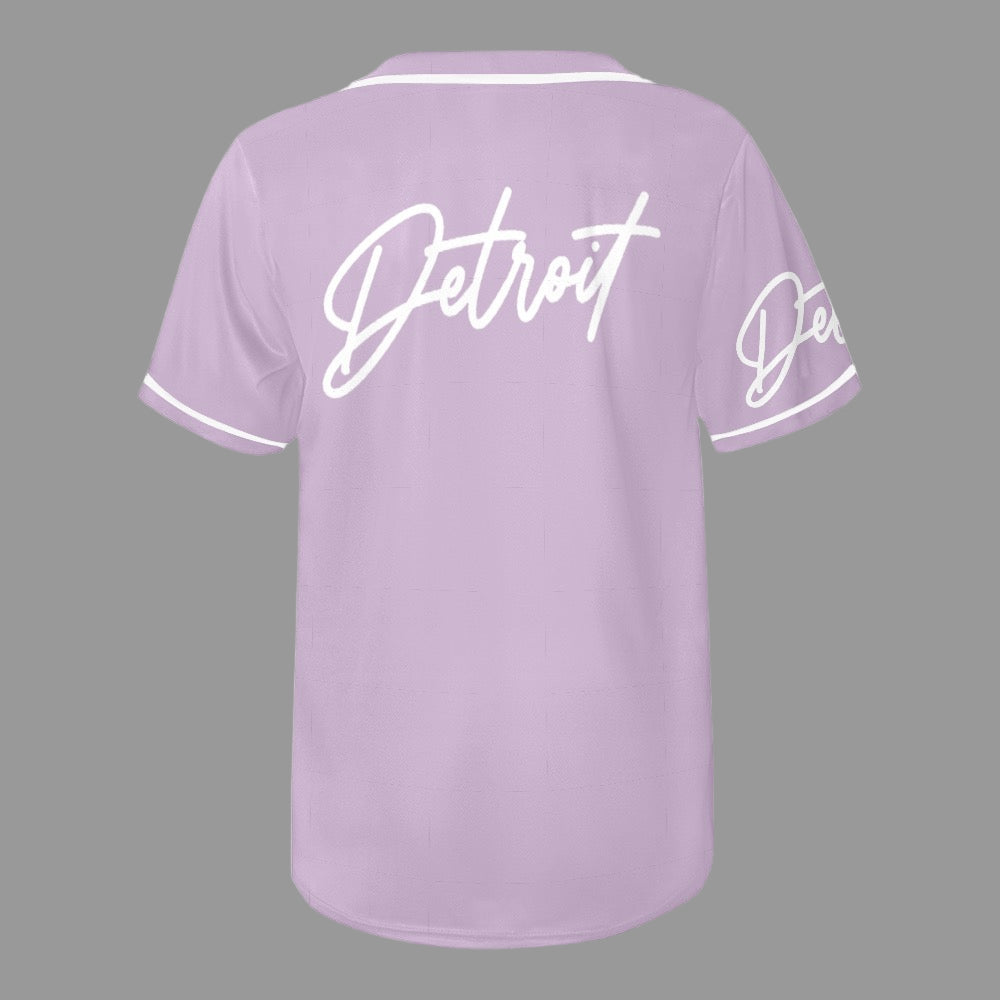 Light Purple baseball jersey with white button-up front, white trim, and “Detroit” written in white script on the chest and sleeve.