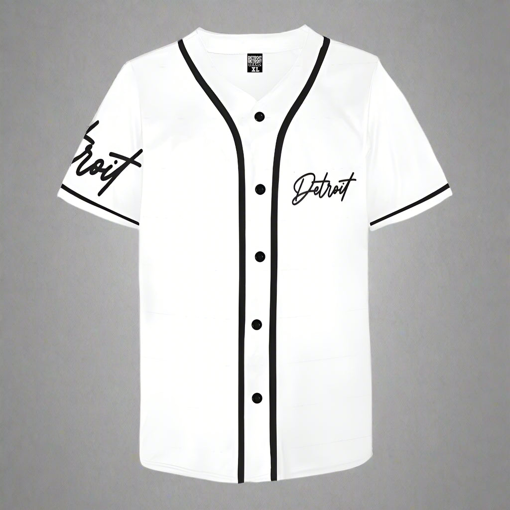 White baseball jersey with black lettering on a white background