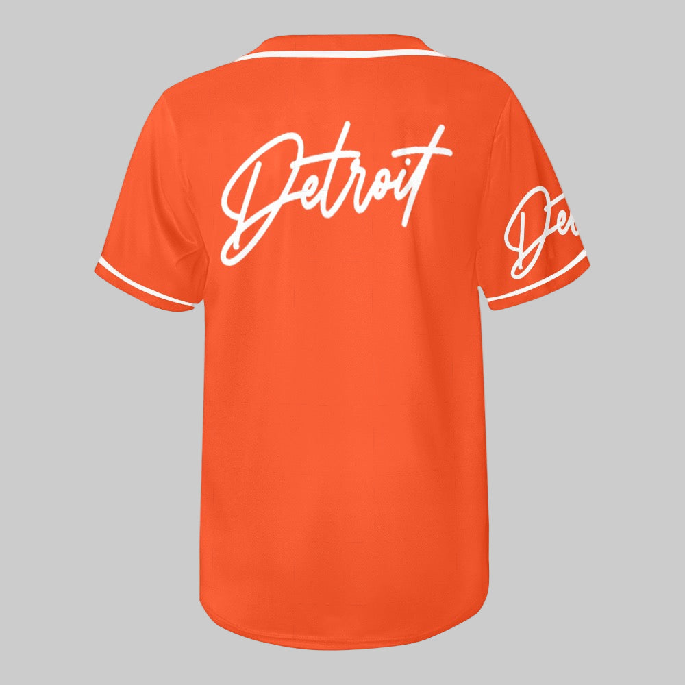 Orange baseball jersey with white button-up front, white trim, and “Detroit” written in white script on the chest and sleeve.