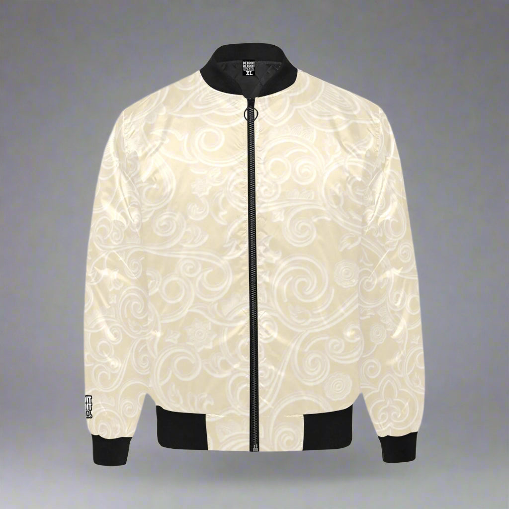 Cream baroque-patterned bomber jacket with black collar and cuffs, luxury Detroit streetwear design
