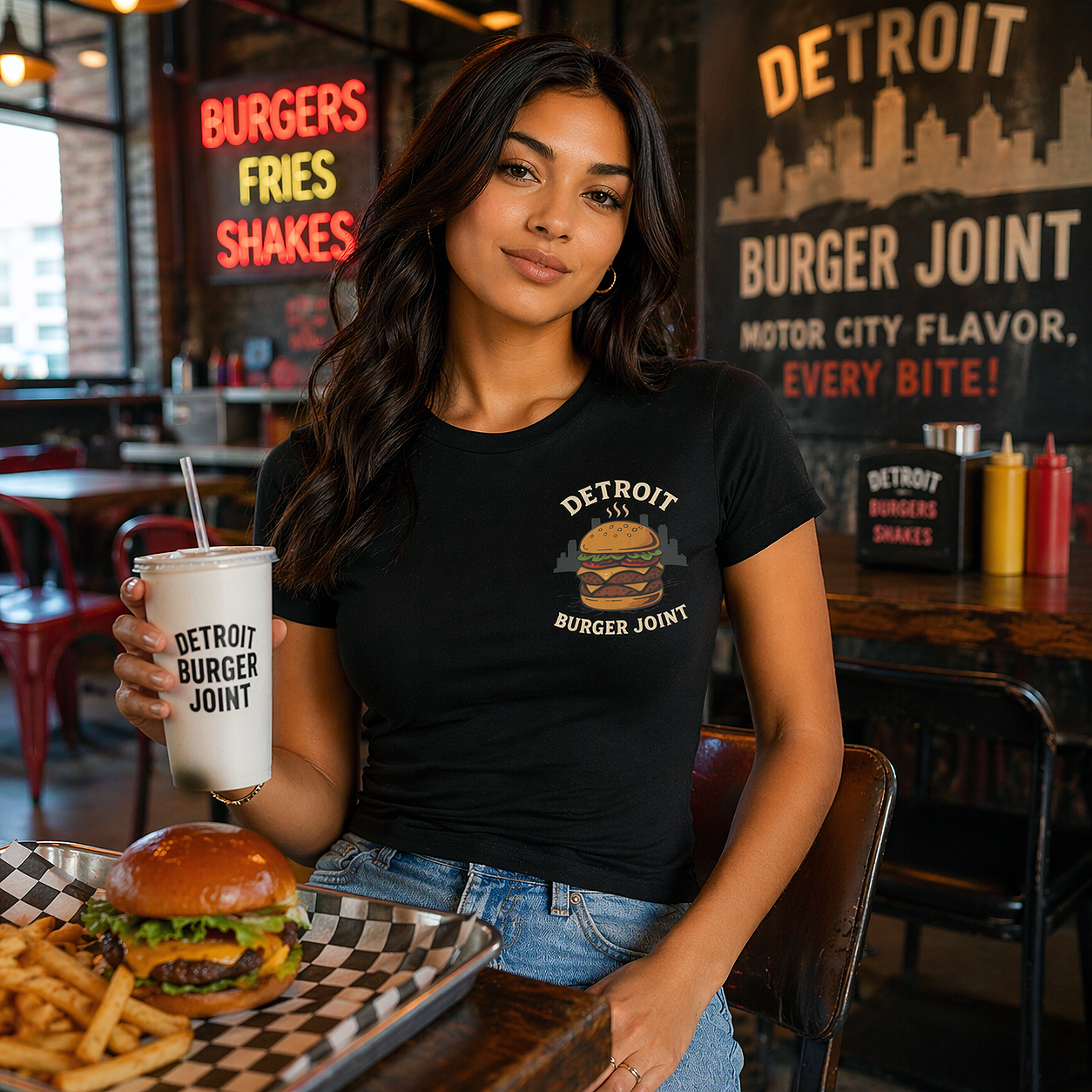 Woman wearing black Detroit Burger Joint t-shirt sitting inside a burger restaurant holding a drink with burger and fries on table, Detroit streetwear lifestyle scene