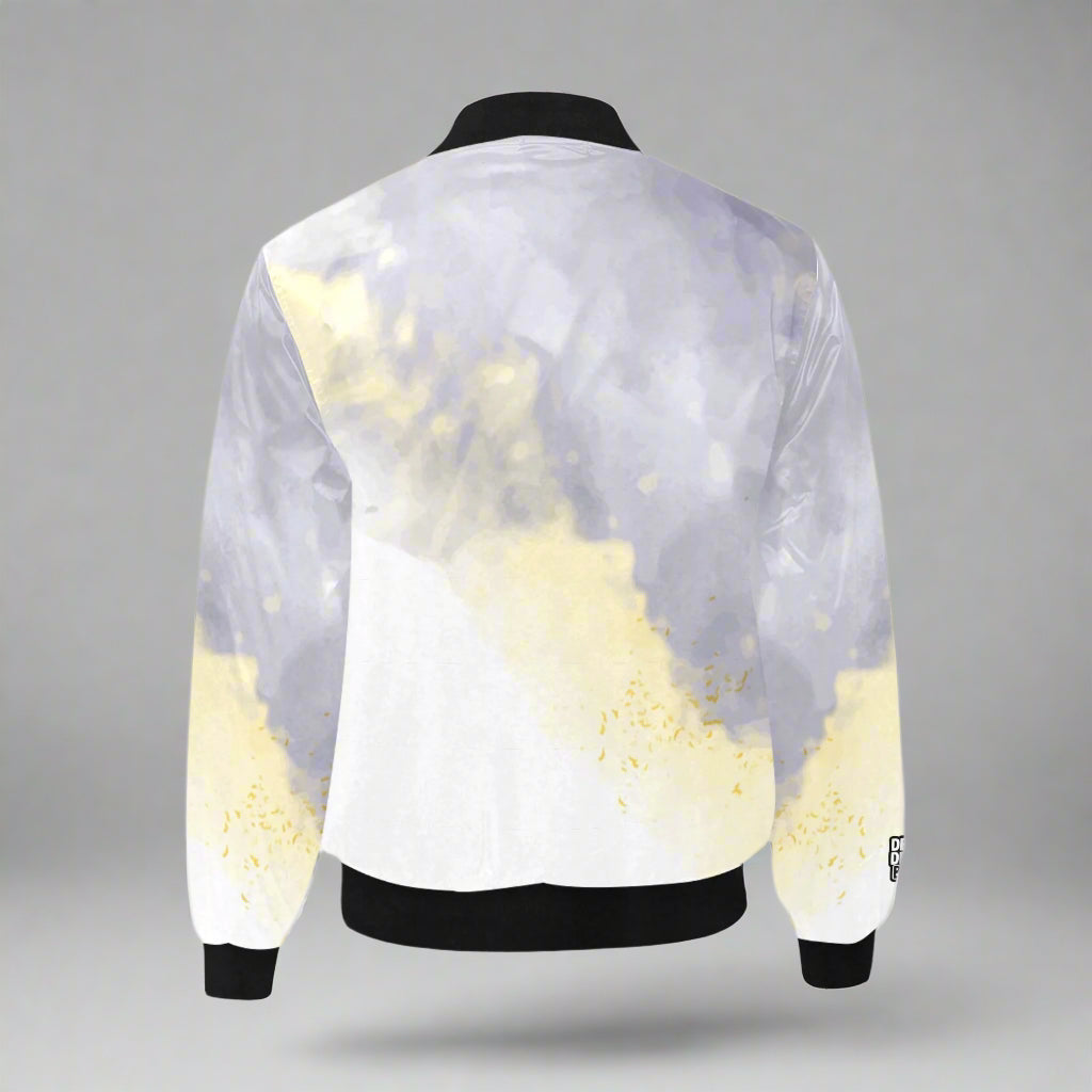 Back view of white, grey, and gold cloud-fade bomber jacket with black collar and cuffs, Detroit streetwear style