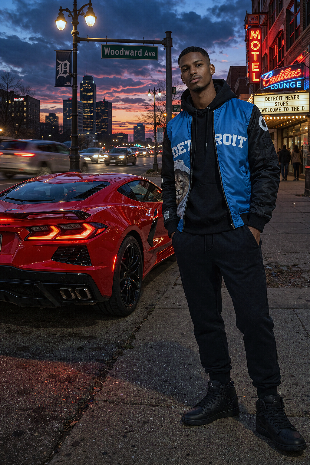 Man in a blue and black lions jacket standing next to a red 2024 corvette car on a city street at dusk.