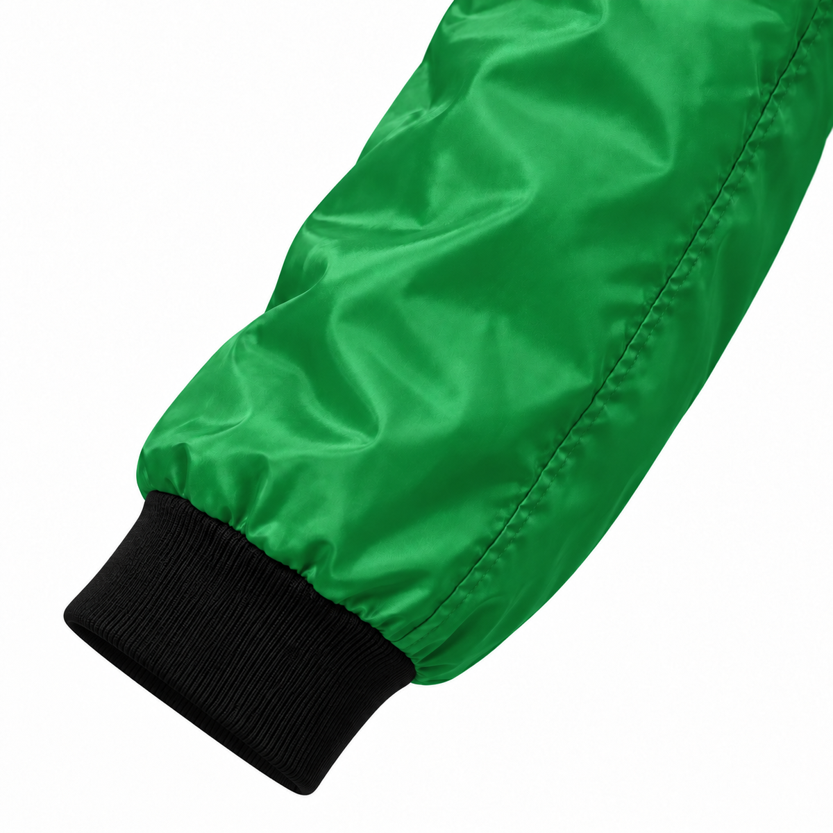 Close-up of green polyester sleeve with black ribbed cuff on Detroit Script Bomber Jacket