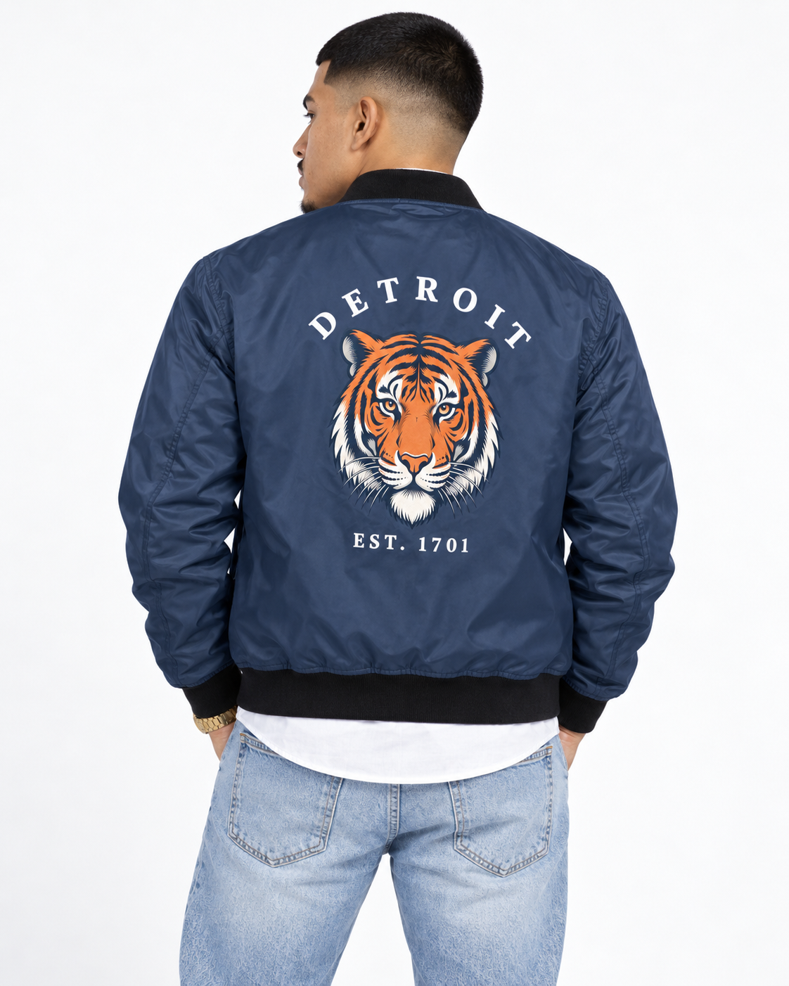 ack view of navy Detroit Tiger 1701 bomber jacket featuring large tiger graphic
