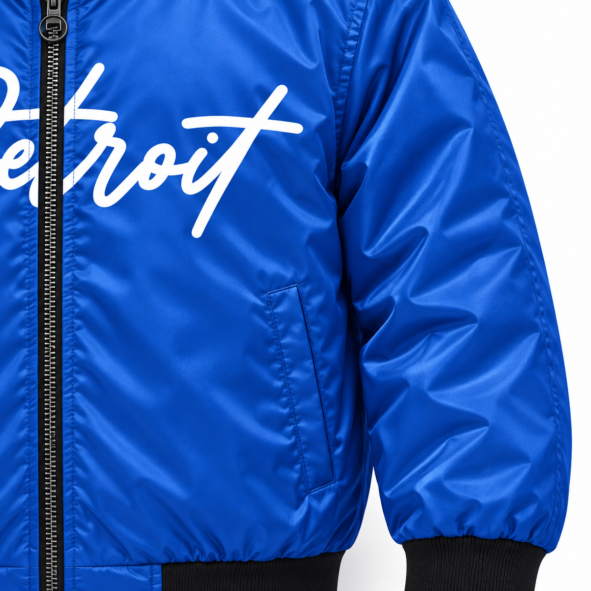 Close-up detail of Royal Blue Detroit Bomber Jacket showing polyester fabric, zipper and sleeve