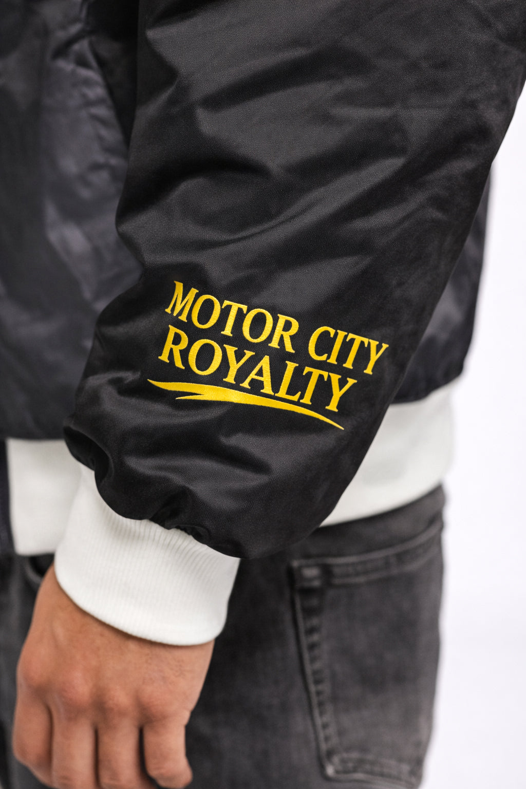 Motor City Royalty Bomber Jacket – Detroit Streetwear Varsity Jacket in Black & Gold