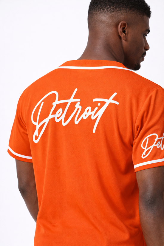 Orange Detroit Script  Baseball Jersey – Classic White Trim