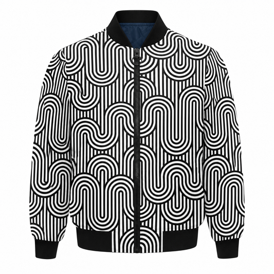 Monochrome Maze Bomber Jacket — Lightweight All Over Print