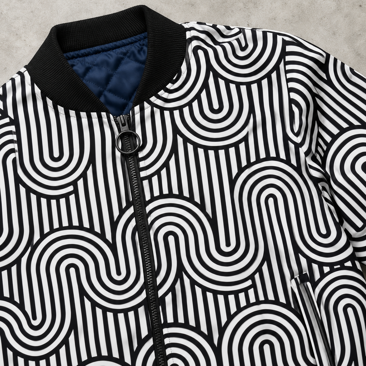 Close-up of the collar and zipper on the Detroit Monochrome Pattern bomber jacket