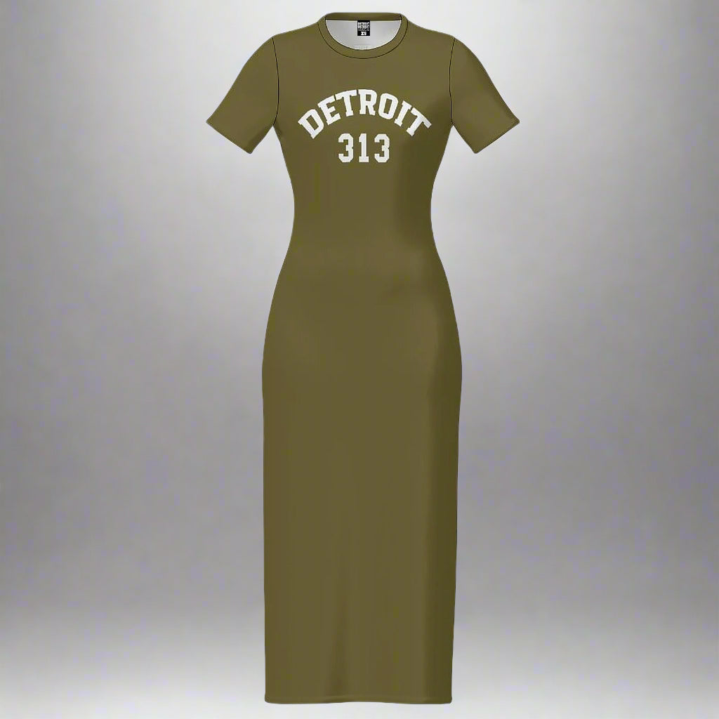 Olive green fitted maxi dress displayed flat against a light gray background. The dress features short sleeves and the text 'DETROIT 313' printed in bold white capital letters across the chest in an arched design
