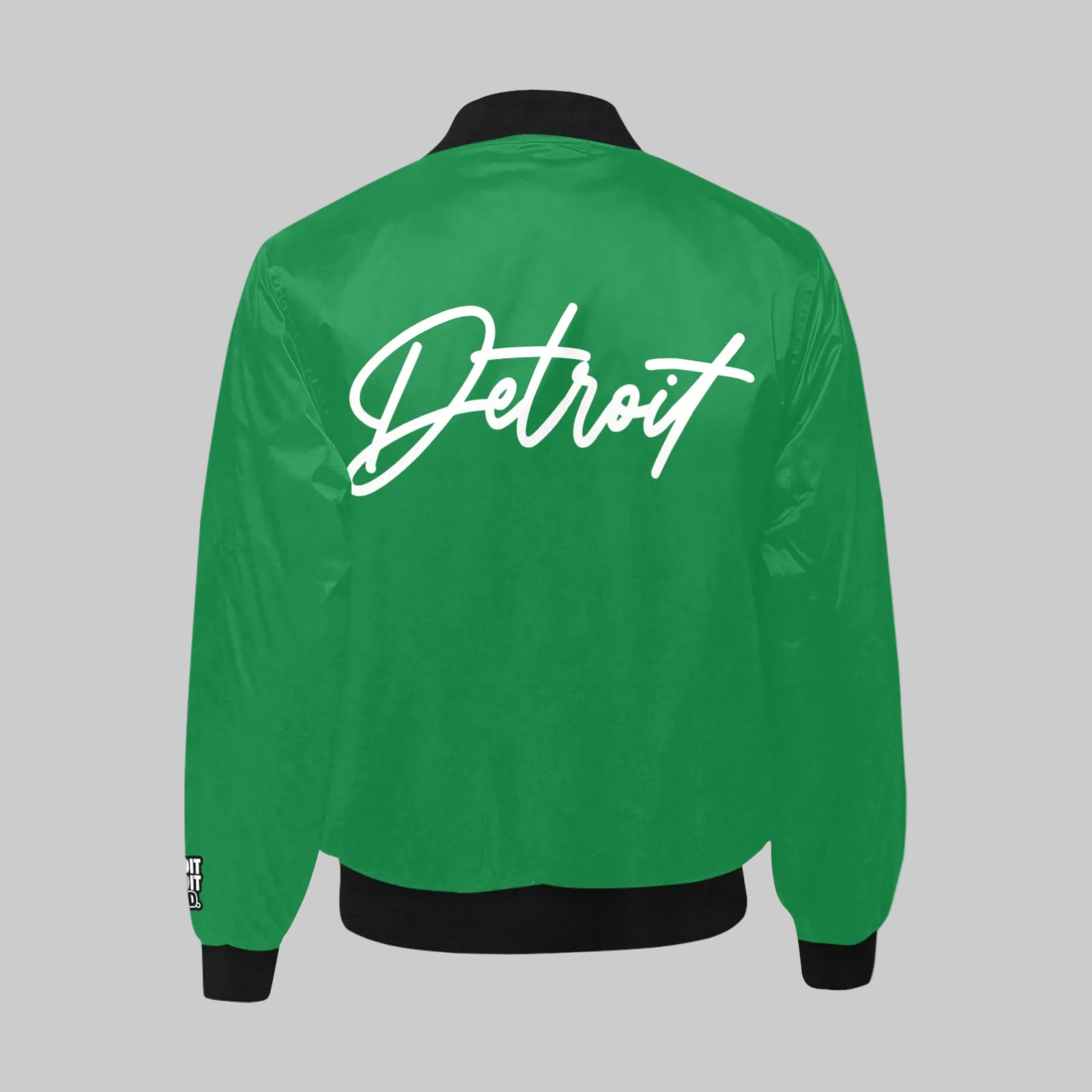 Green jacket with 'Detroit' text on the back against a white background