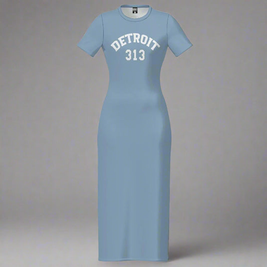 Light Blue Detroit Varsity 313 Short Sleeve Body con Maxi Dress