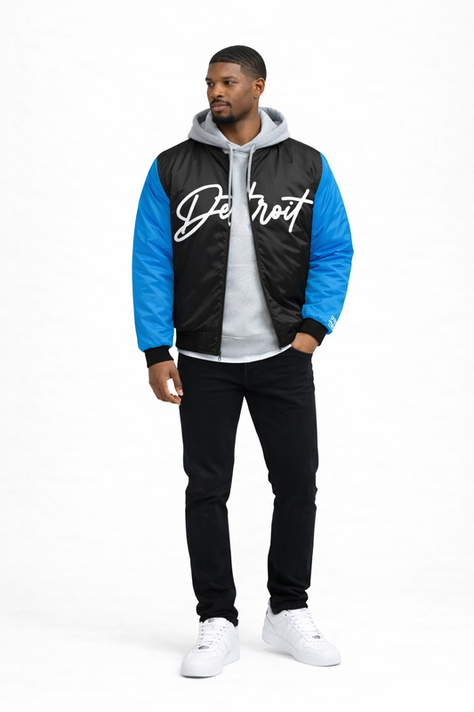 Detroit Hooded Lion Bomber Jacket — Black & Blue Edition