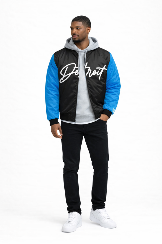 Detroit Hooded Lion Bomber Jacket — Black & Blue Edition