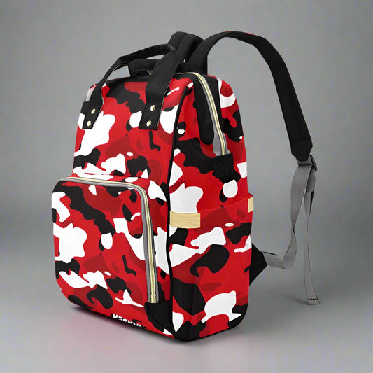 Red, black, and white camouflage backpack on a white background
