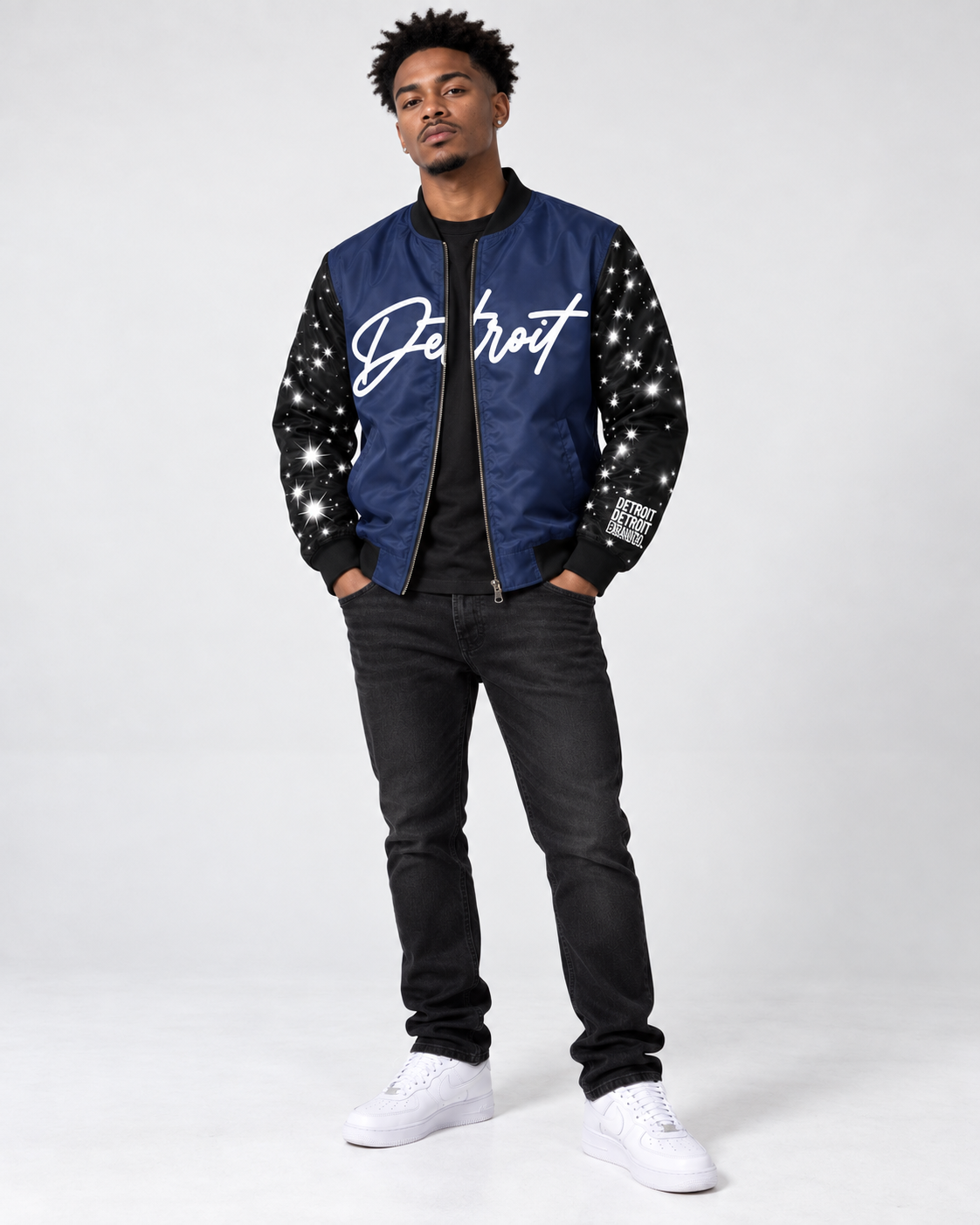Model wearing the Detroit Skyline bomber jacket, front view