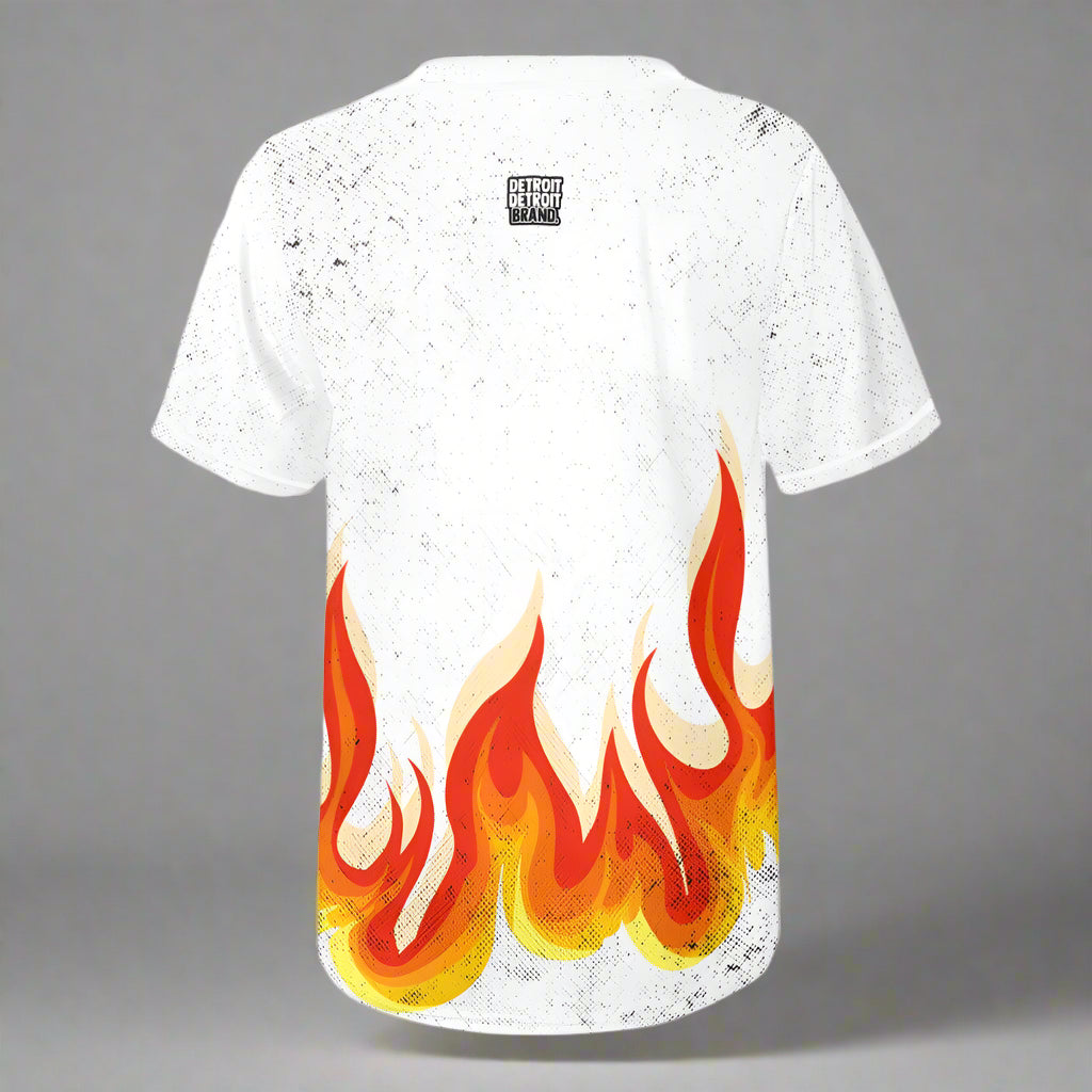 White t-shirt with flame design on a white background