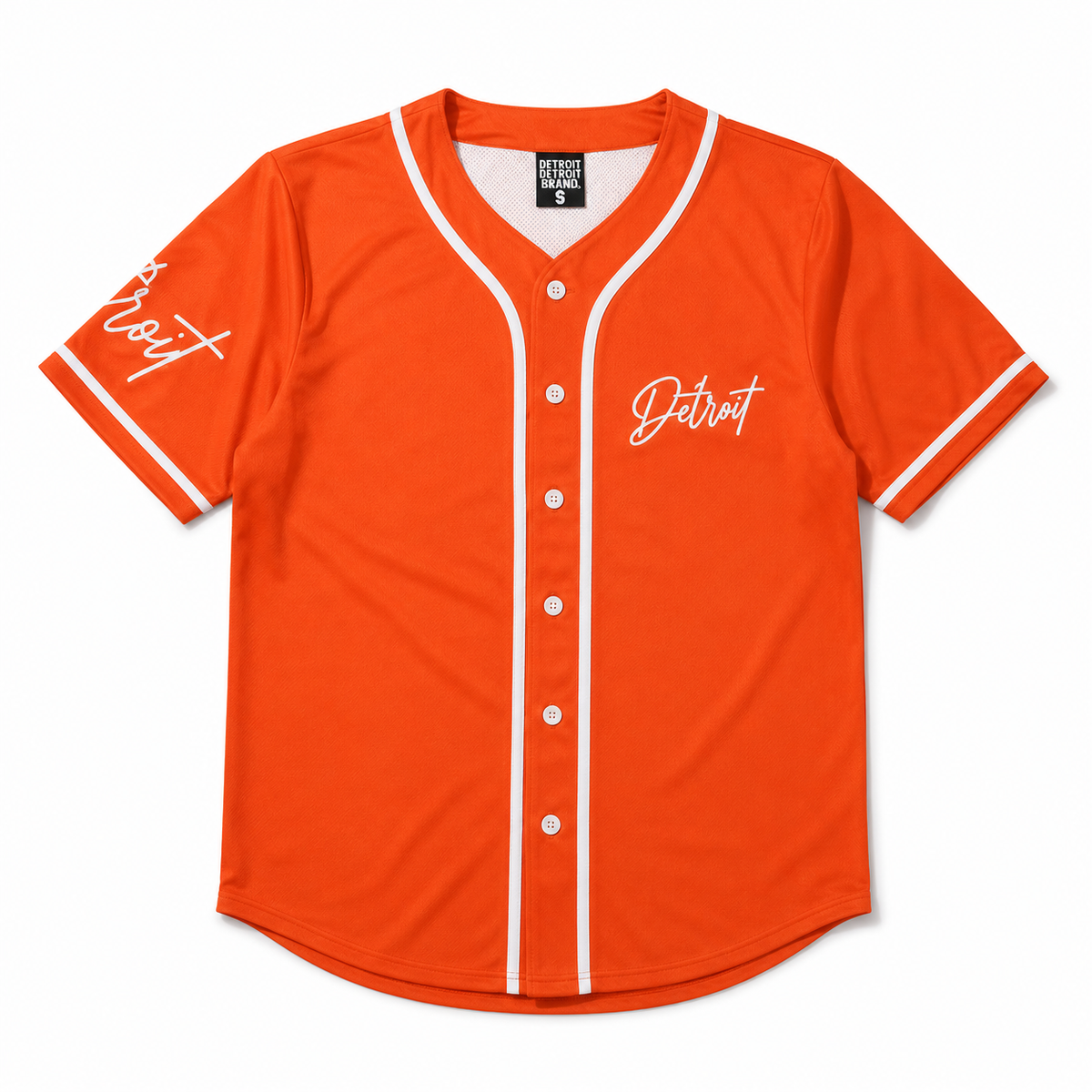 Orange Detroit Script Baseball Jersey with Classic White Trim