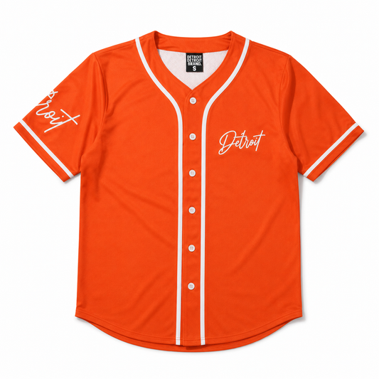 Orange Detroit Script Baseball Jersey with Classic White Trim