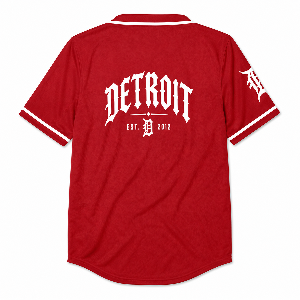 A red short-sleeve baseball-style jersey shown from the back on a white background, with white trim on the collar and sleeve cuffs, a large white 'DETROIT' graphic across the upper back, and 'EST. D 2012' below it.