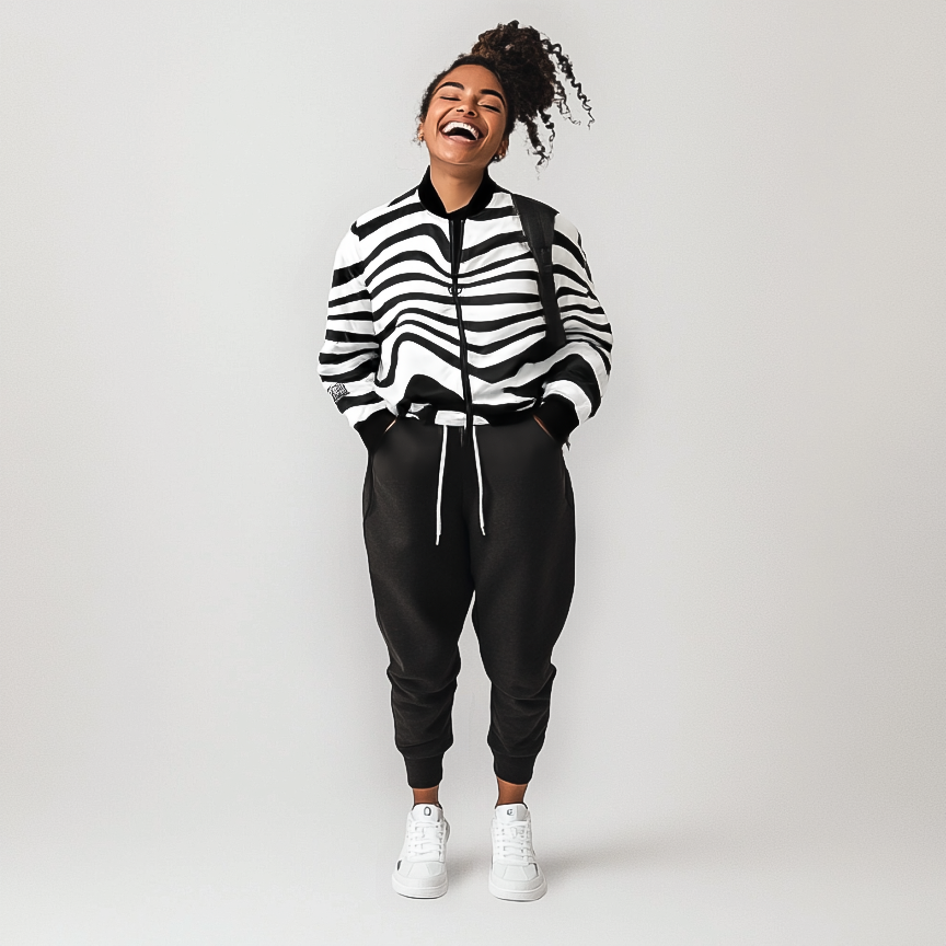 Black & White Bold Wavy All Over Print Bomber Jacket for Men