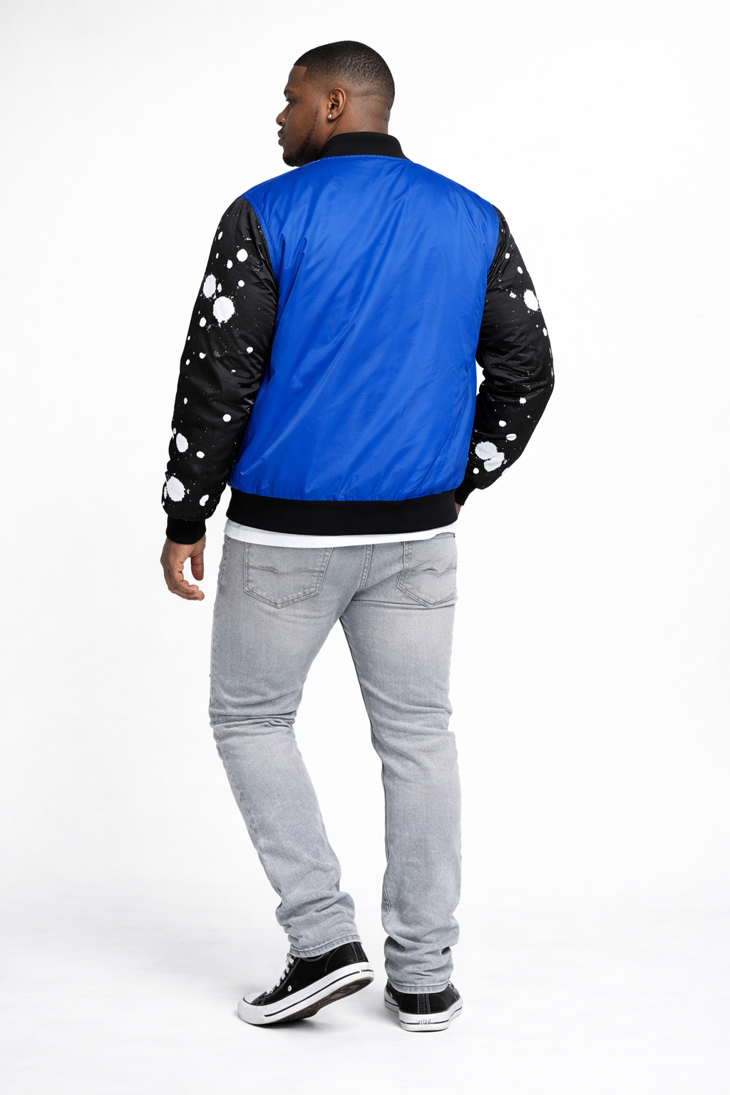 Detroit Blue Paint Splatter Bomber Jacket – Black & White Sleeve Edition