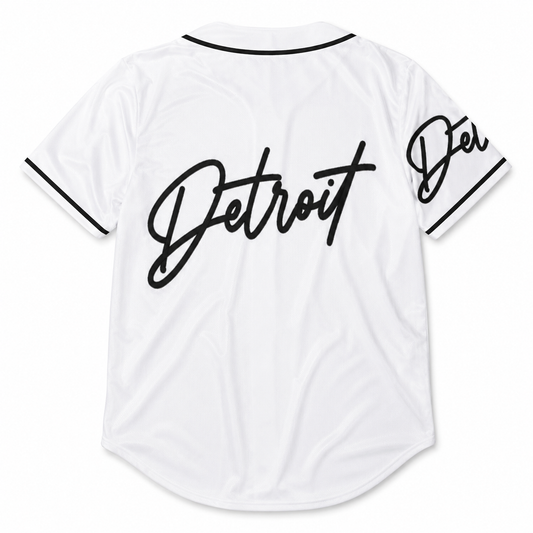 Detroit Script Baseball Jersey - White with Black Trim: Stylish and Comfortable