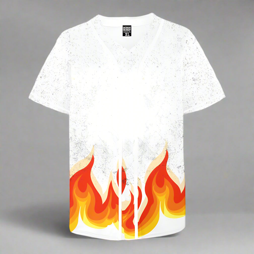 White t-shirt with flame design on a white background