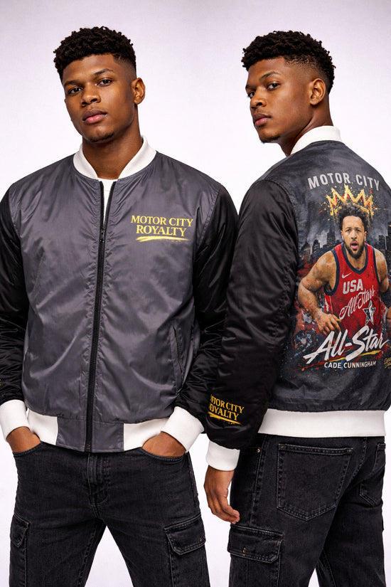 Motor City Royalty Bomber Jacket – Detroit Streetwear Varsity Jacket in Black & Gold