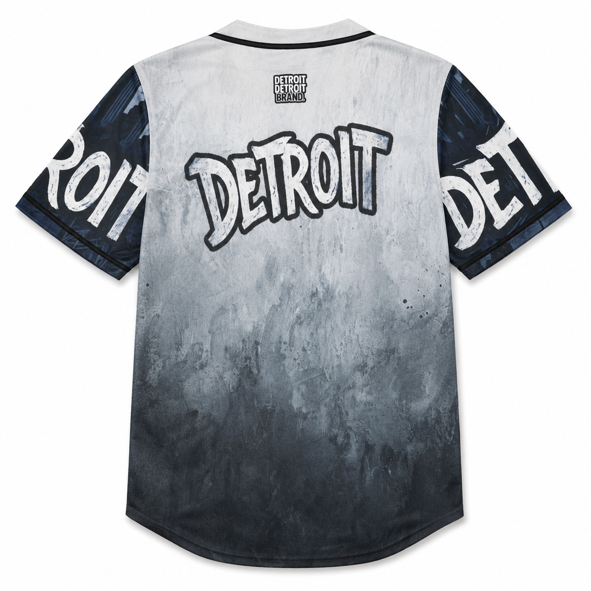 Detroit Pistons baseball jersey back view featuring a textured gray and black gradient design with 'DETROIT' in a graffiti-style font across the center, and 'DETROIT CITIES' printed on the sleeves.