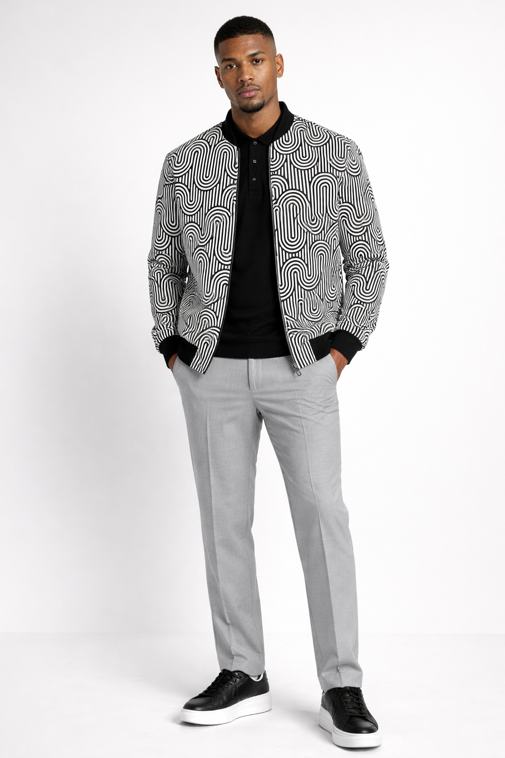 Monochrome Maze Bomber Jacket — Lightweight All Over Print