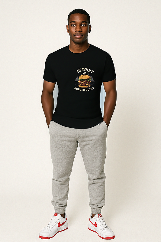 A man standing against a plain light background, wearing a black t-shirt with a 'Detroit Burger Joint' graphic printed on the front. The design features a burger illustration with steam rising above it, set against a city skyline backdrop. He is also wearing light gray jogger pants and white Nike sneakers with red accents."