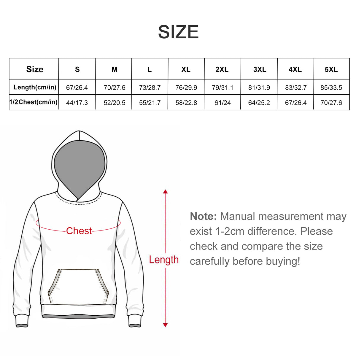 Size chart for a hoodie with measurements in centimeters and inches.