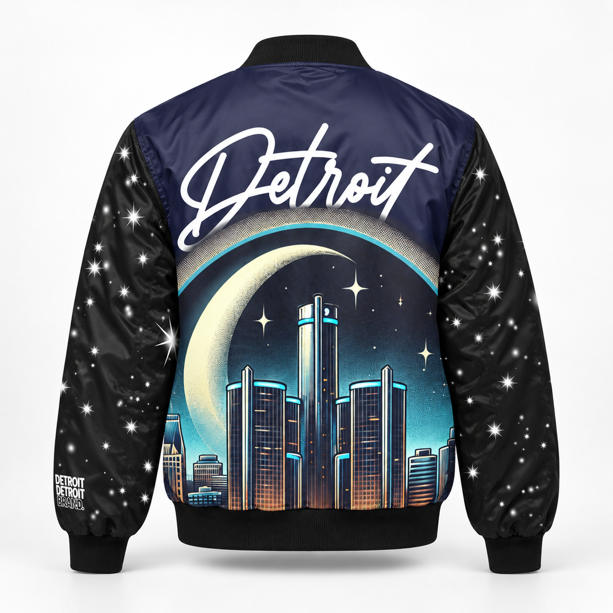 Back of the Detroit Skyline bomber jacket with crescent moon and city skyline