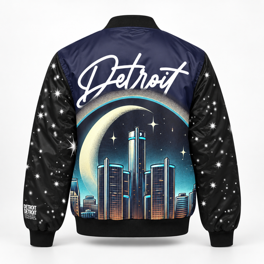Back of the Detroit Skyline bomber jacket with crescent moon and city skyline