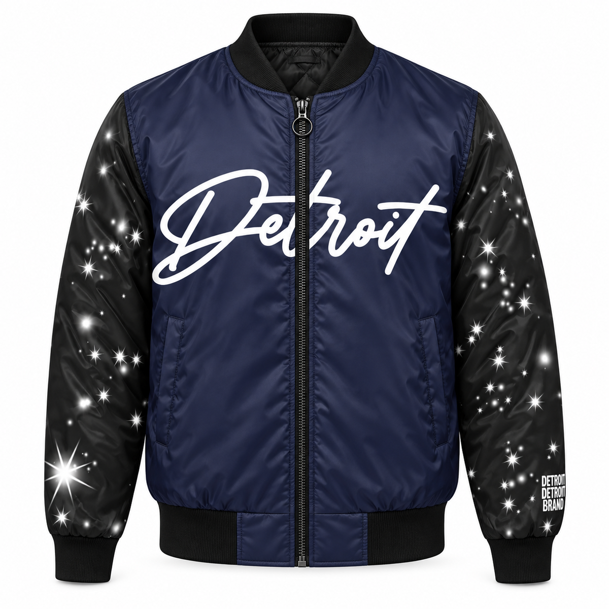 Navy Detroit Skyline bomber jacket with Detroit script and starry black sleeves, front view